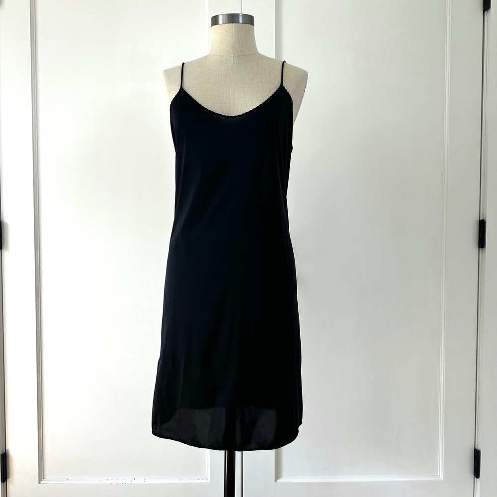Vintage 90s Vanity Fair Black Nylon Slip Dress 36 Scallop Trim Made USA 10-717